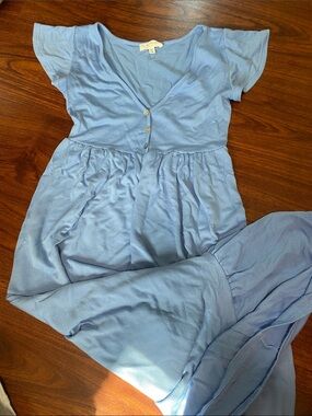 Light Blue Ribbed V-Neck Button-Front Maxi Dress